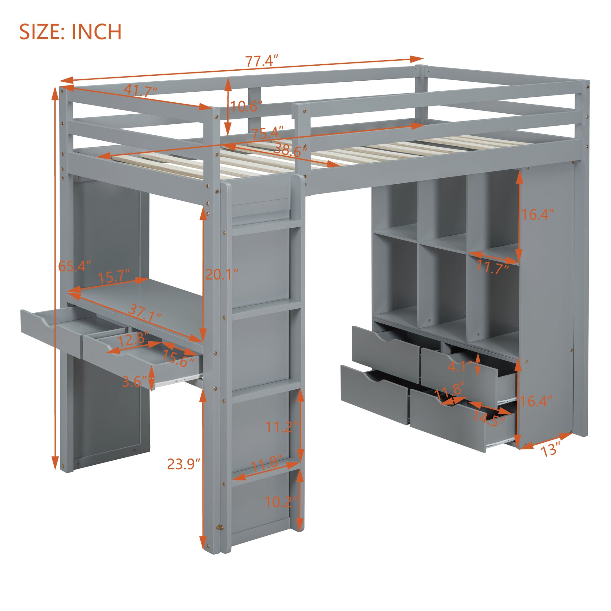 Gray wooden loft bed with integrated desk and storage drawers