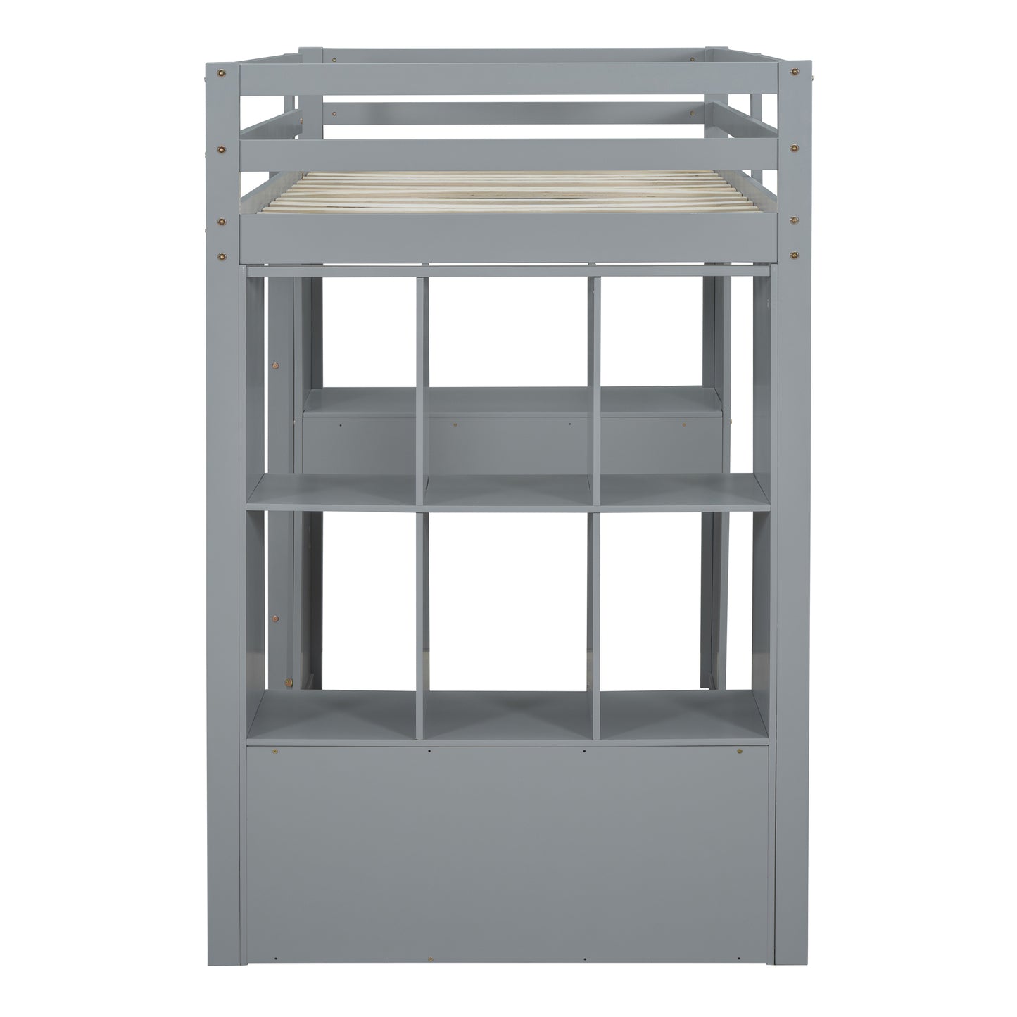 Gray twin loft bed with builtin shelving and guardrails