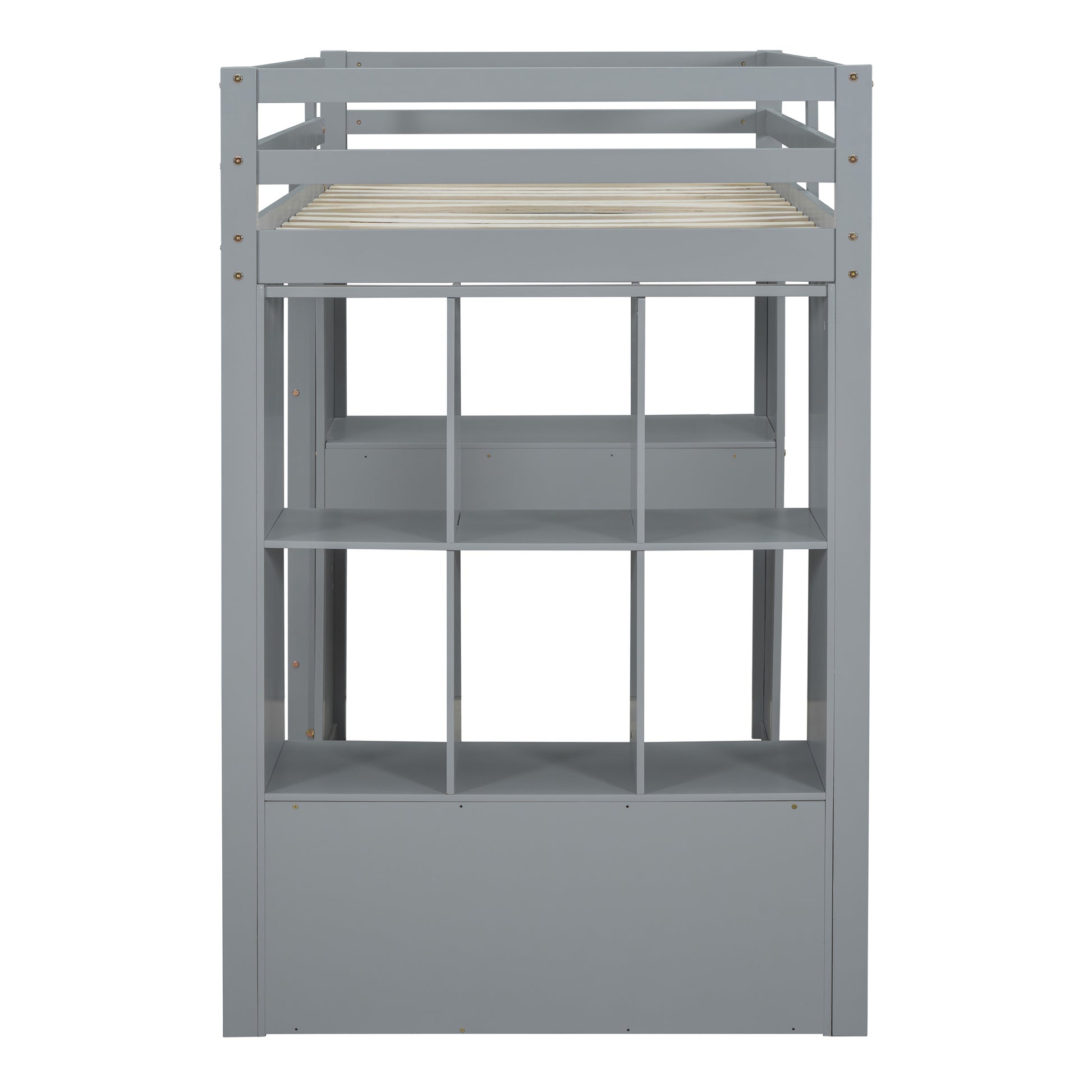 Gray twin loft bed with builtin shelving and guardrails