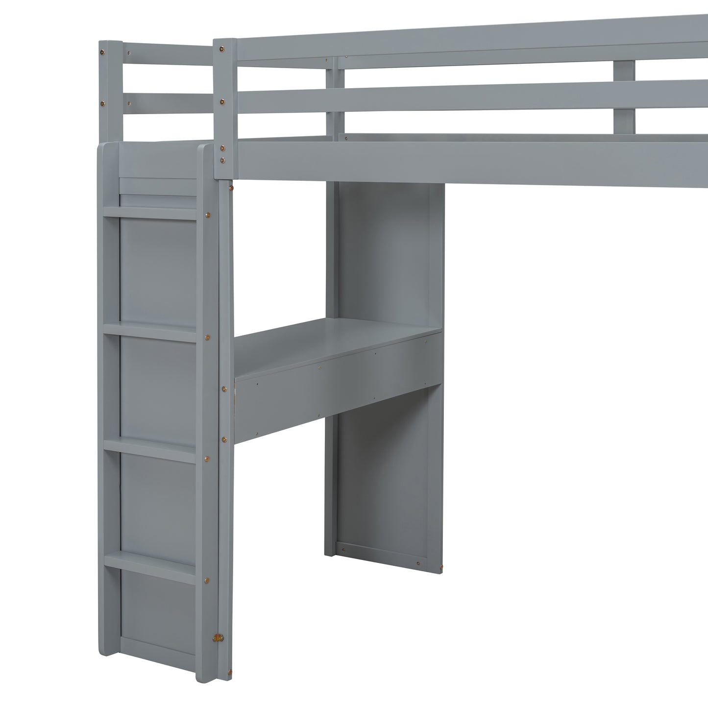 Gray loft bed with desk and ladder detail