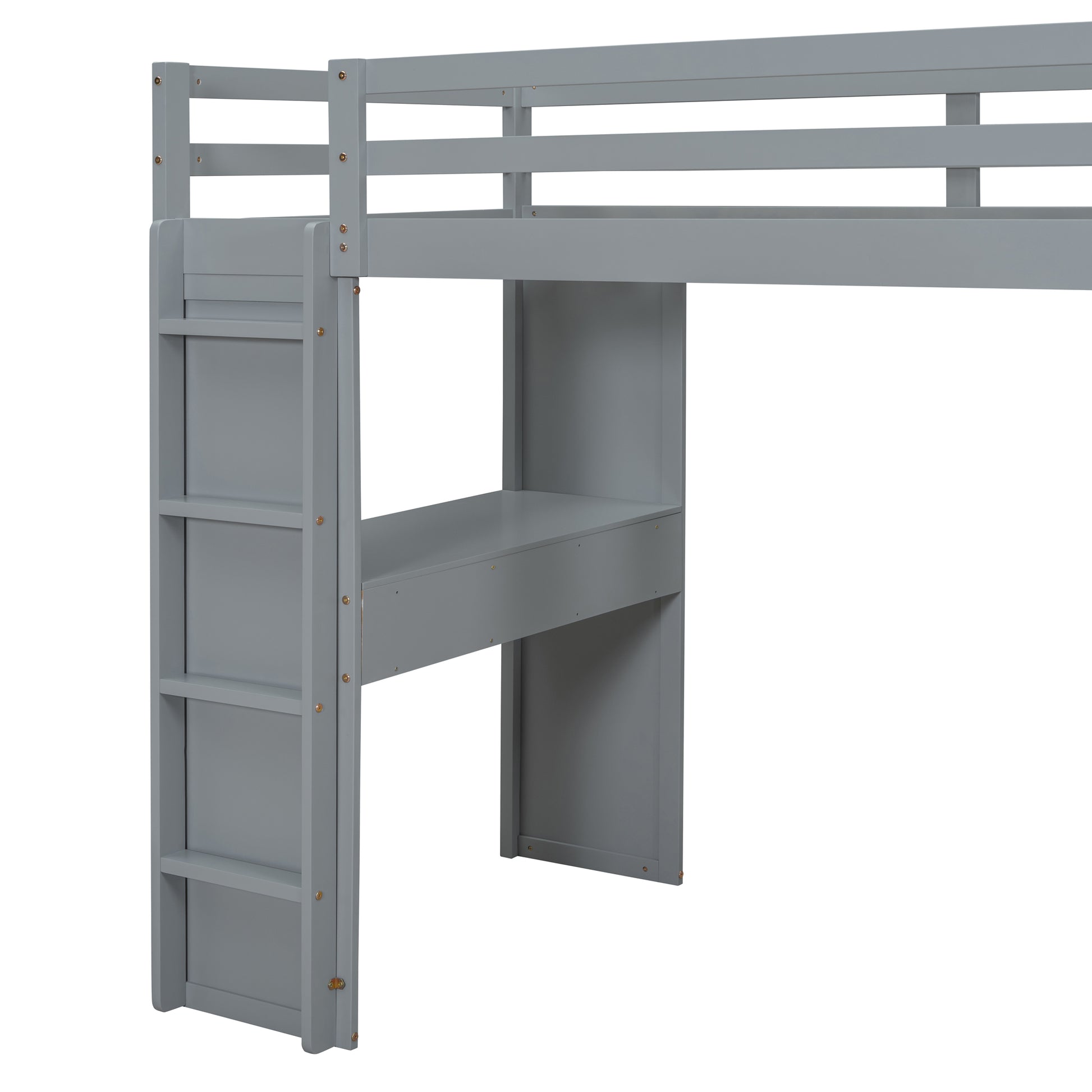 Gray loft bed with desk and ladder detail
