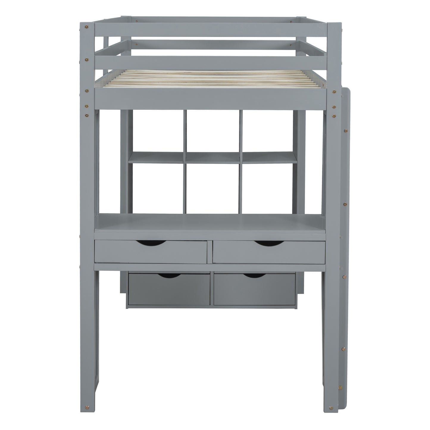 Grey wooden loft bed with integrated desk and shelves for kids
