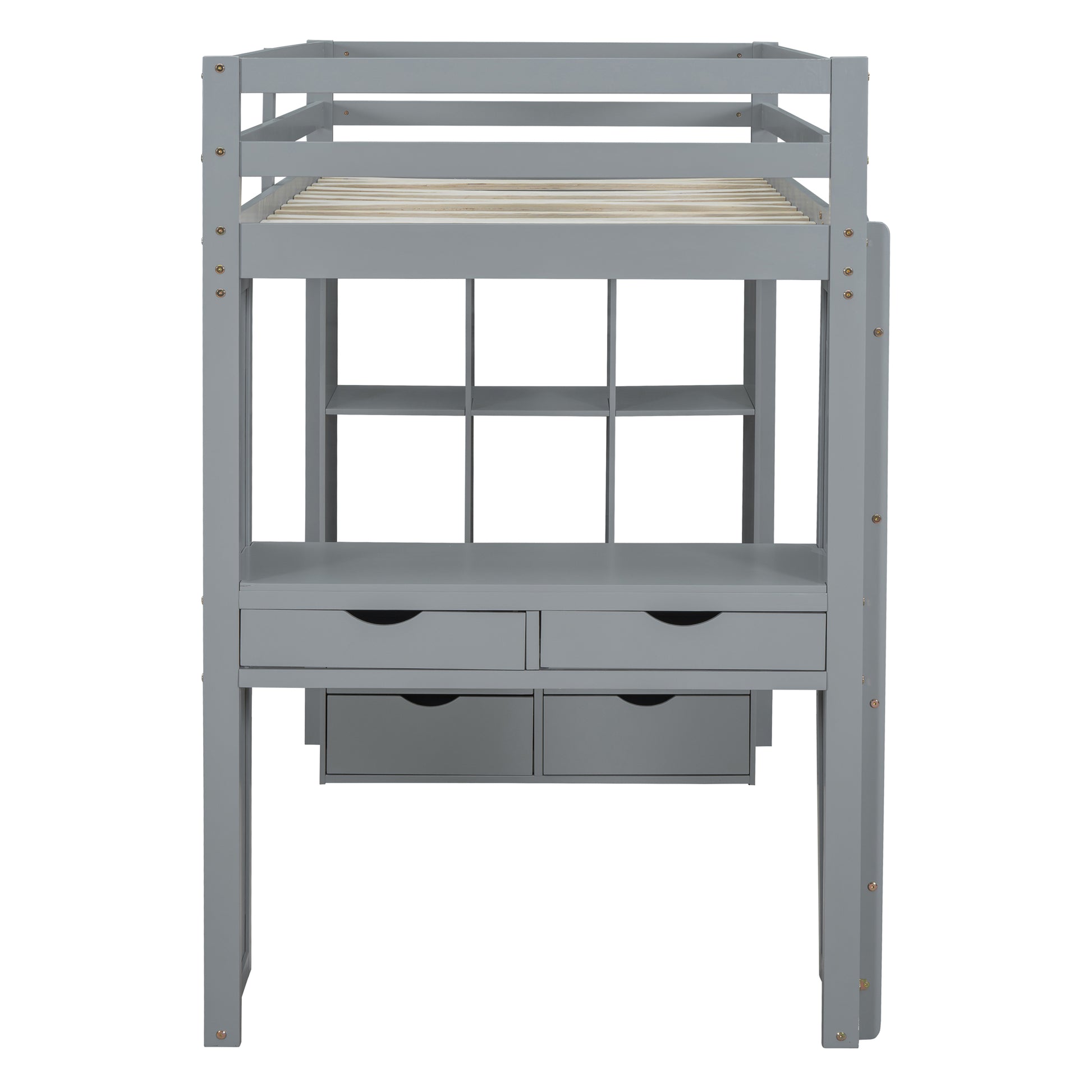 Grey wooden loft bed with integrated desk and shelves for kids