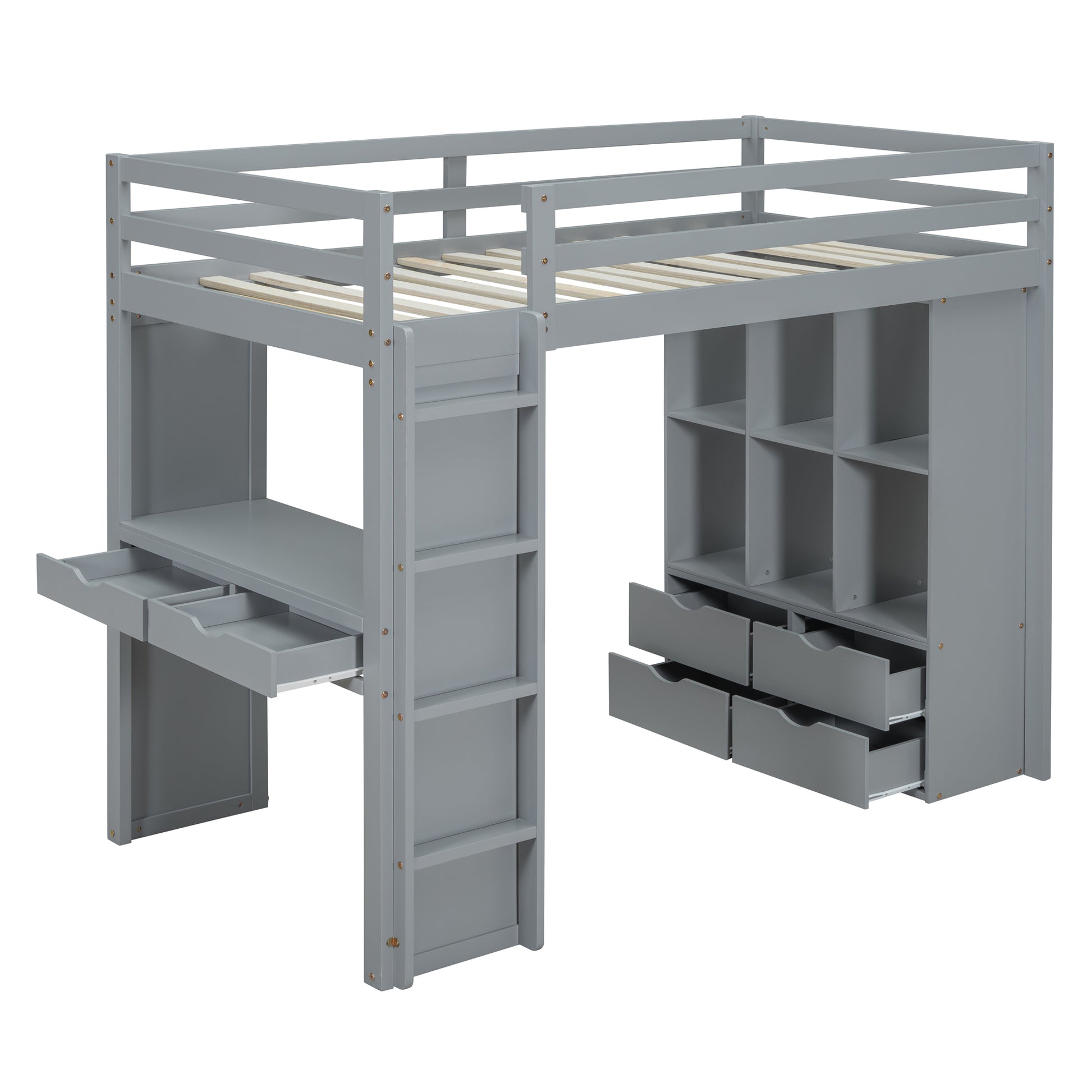 Gray loft bed with desk and storage drawers
