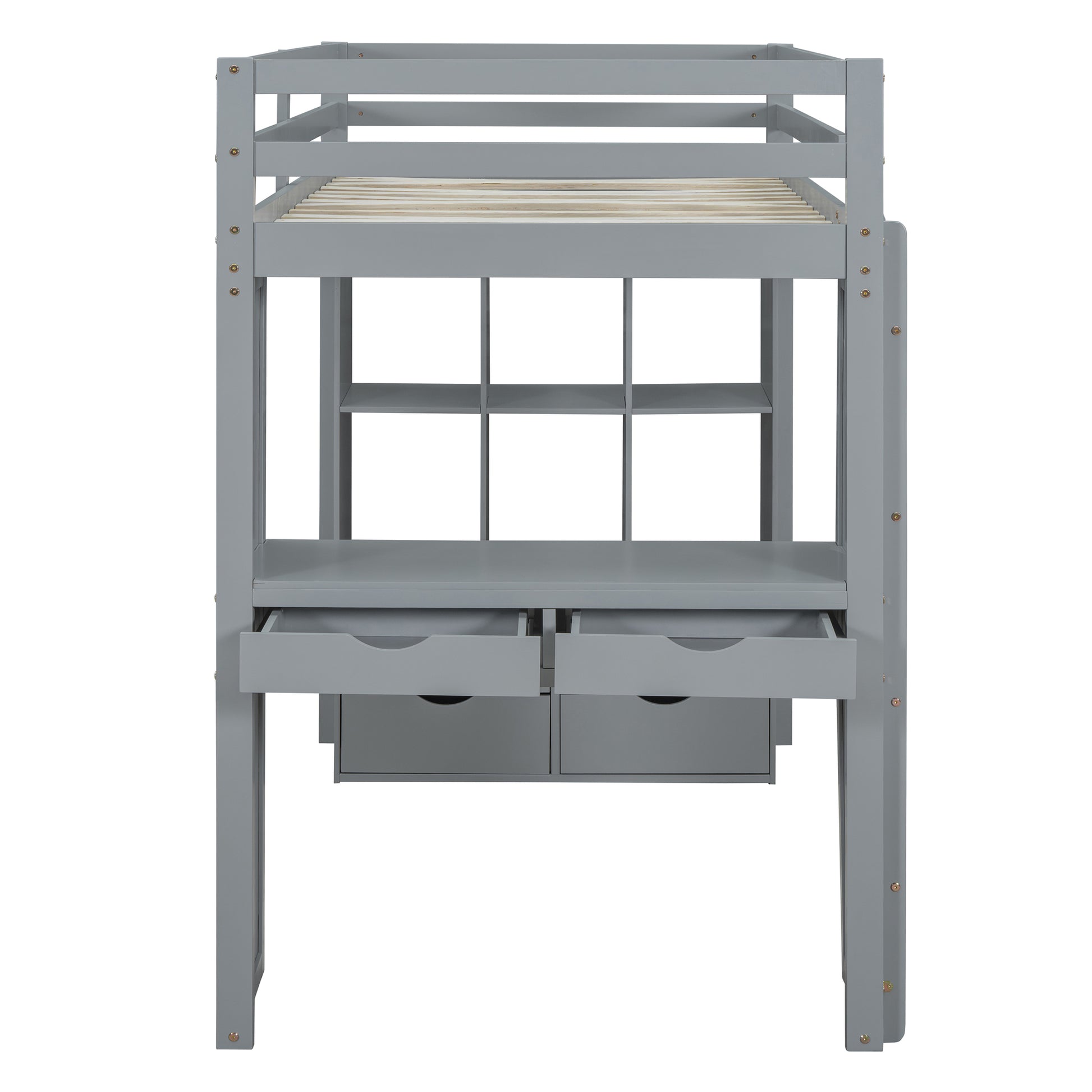 Grey wooden loft bed with integrated desk and shelf unit