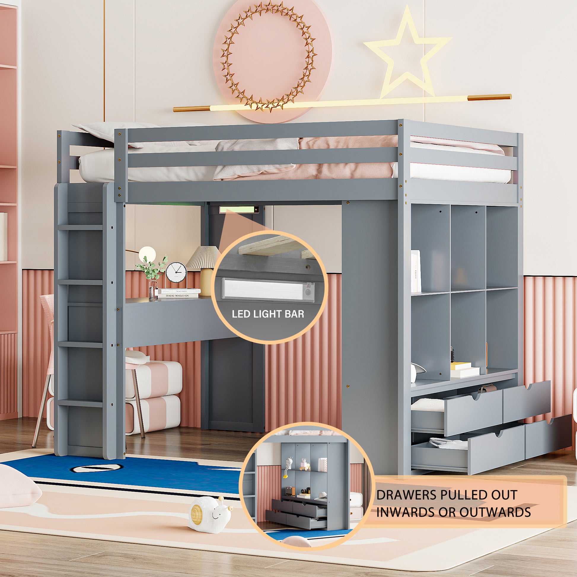 Grey wooden loft bed with integrated desk shelving and LED light bar for kids