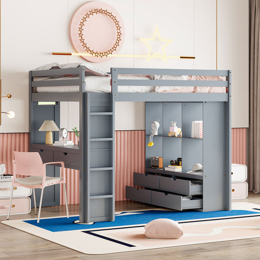 Grey loft bed with integrated desk shelves and drawers for a childs room