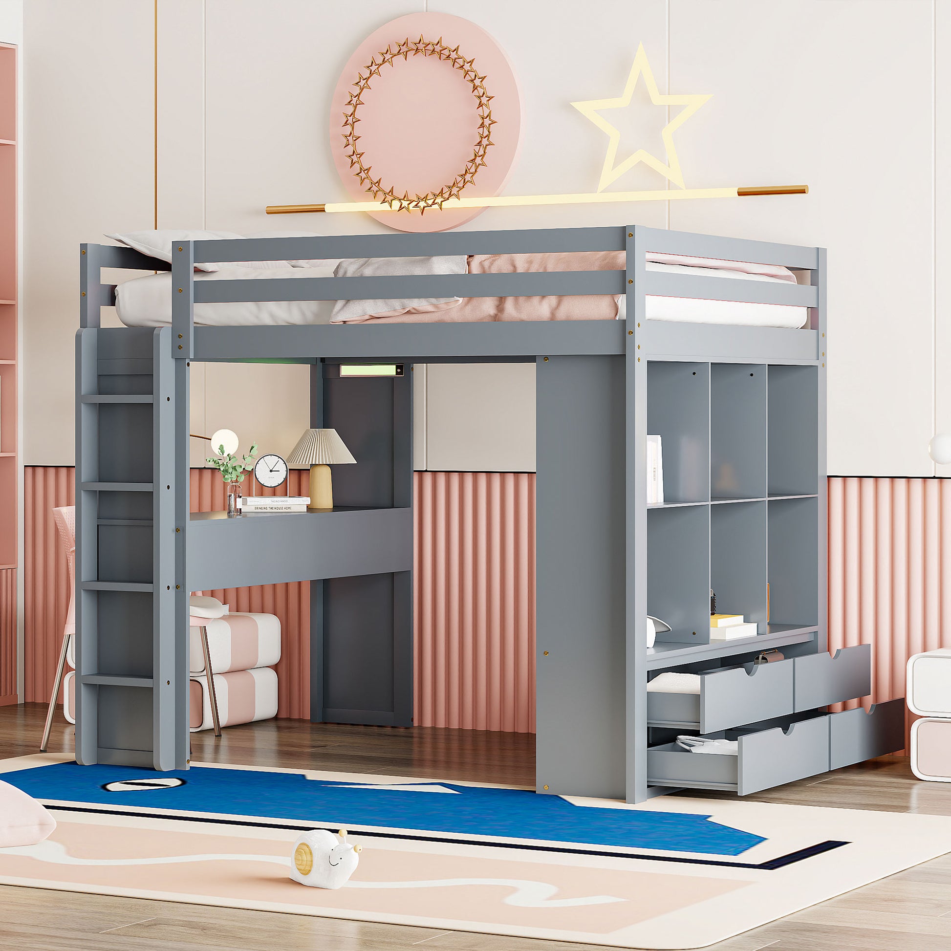 Gray wooden loft bed with desk and storage shelves for kids