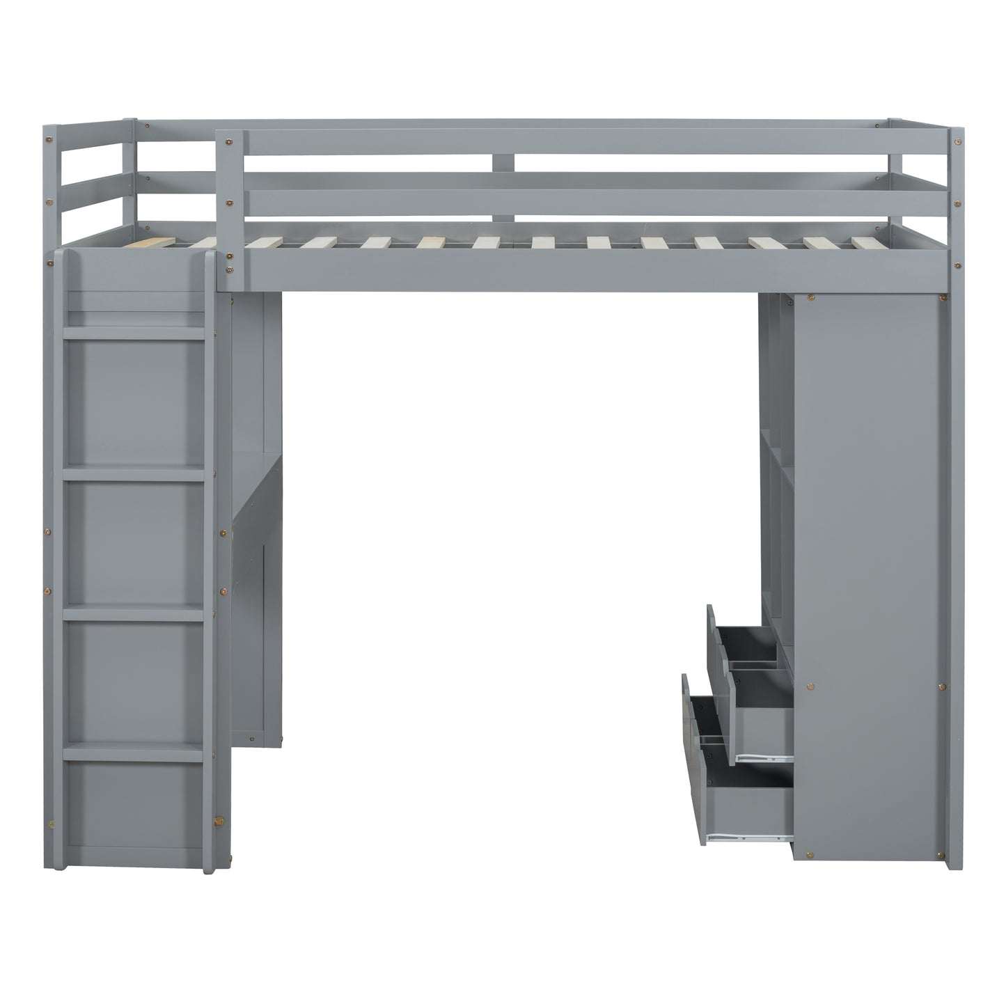 Gray wooden loft bed with integrated ladder and storage drawers