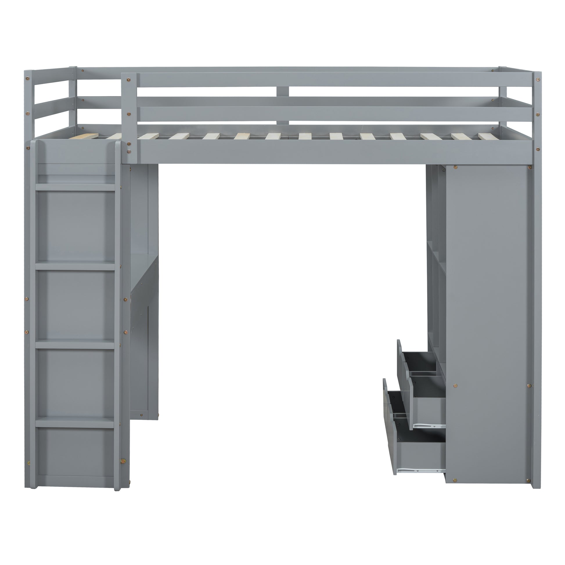 Gray wooden loft bed with integrated ladder and storage drawers
