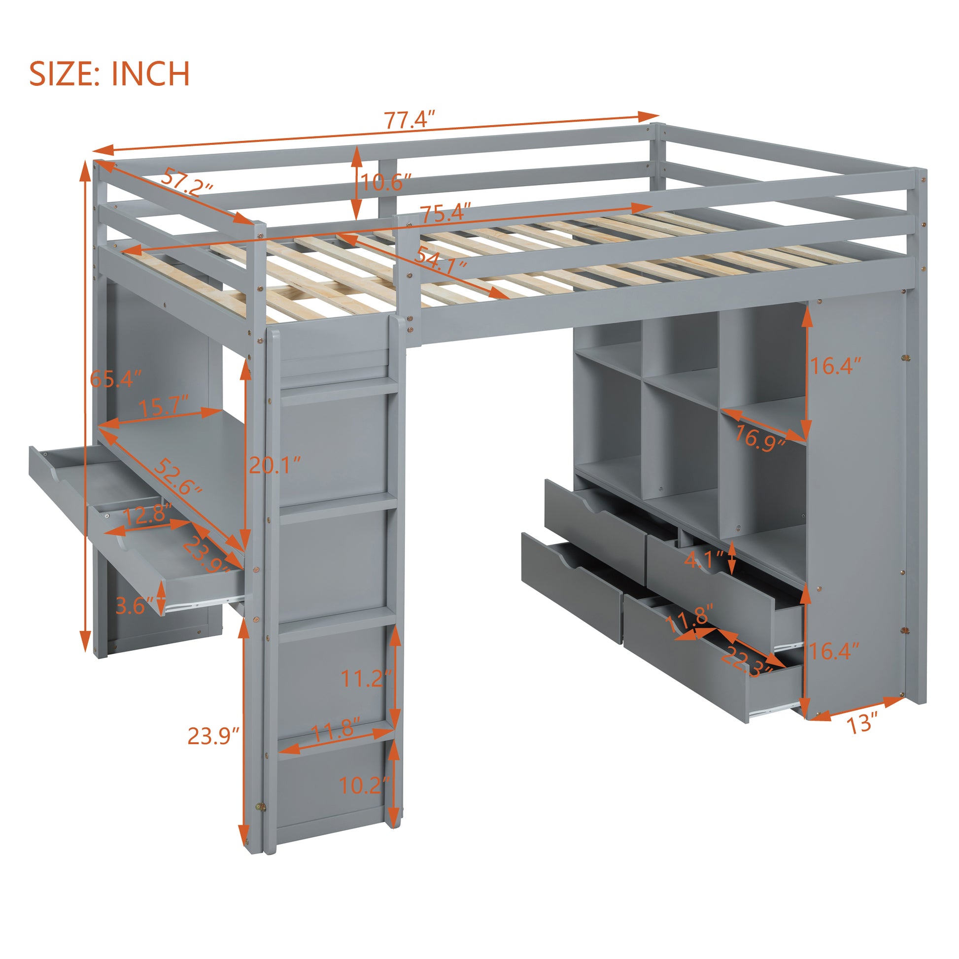 Gray loft bed with integrated desk and shelving unit