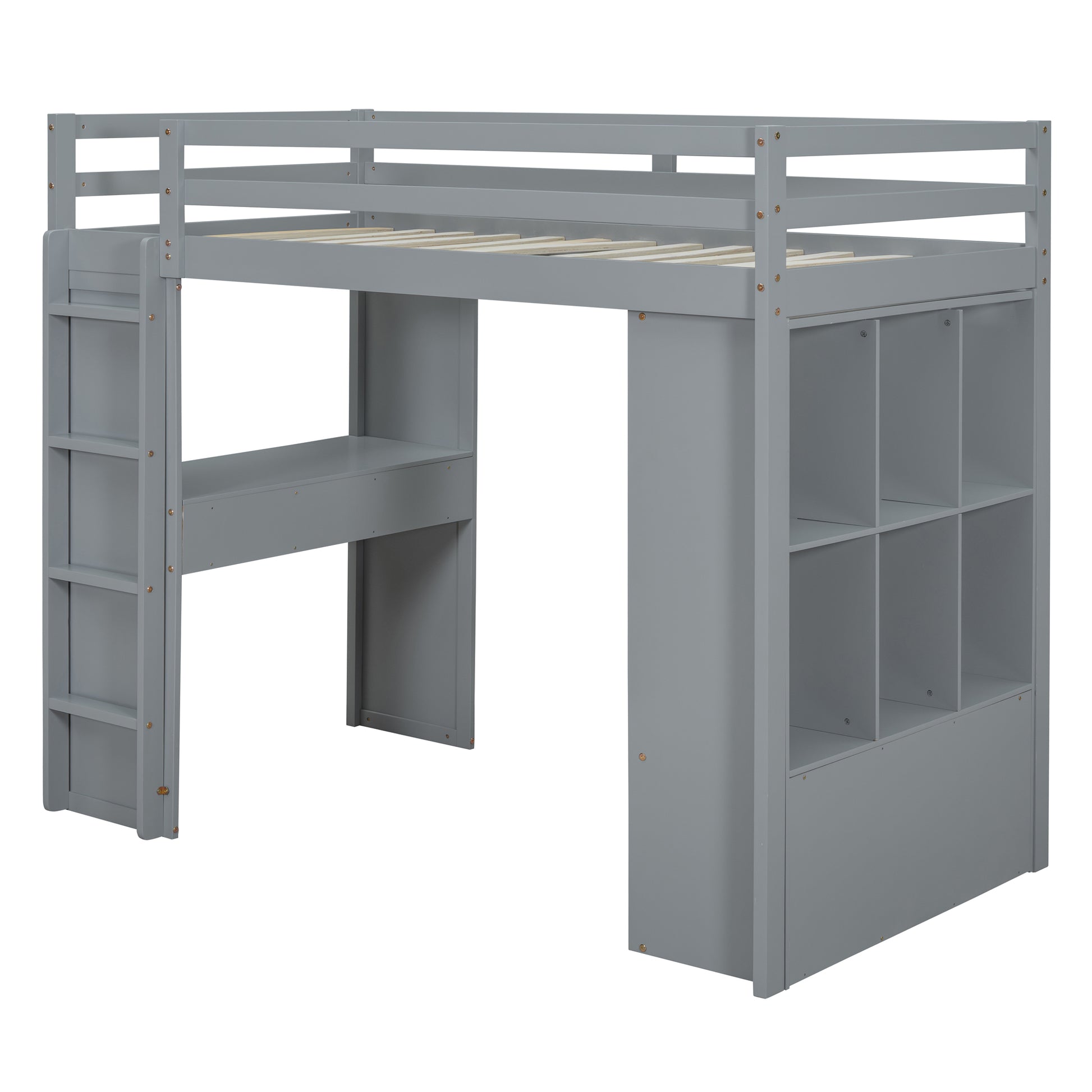 Gray wooden loft bed with integrated desk and storage shelves