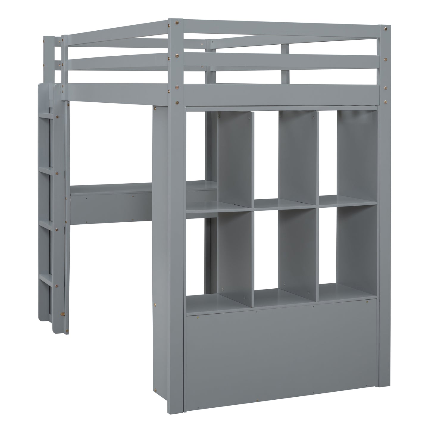 Gray wooden loft bed with builtin ladder and shelving unit