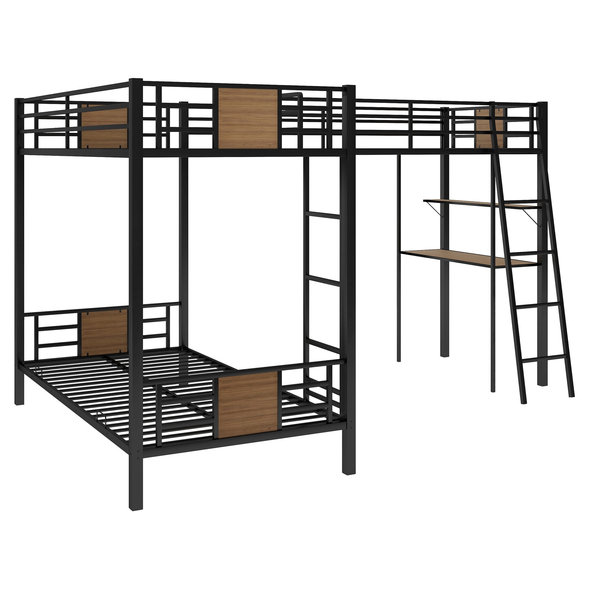 Black metal twin over twin bunk bed with integrated desk and shelves