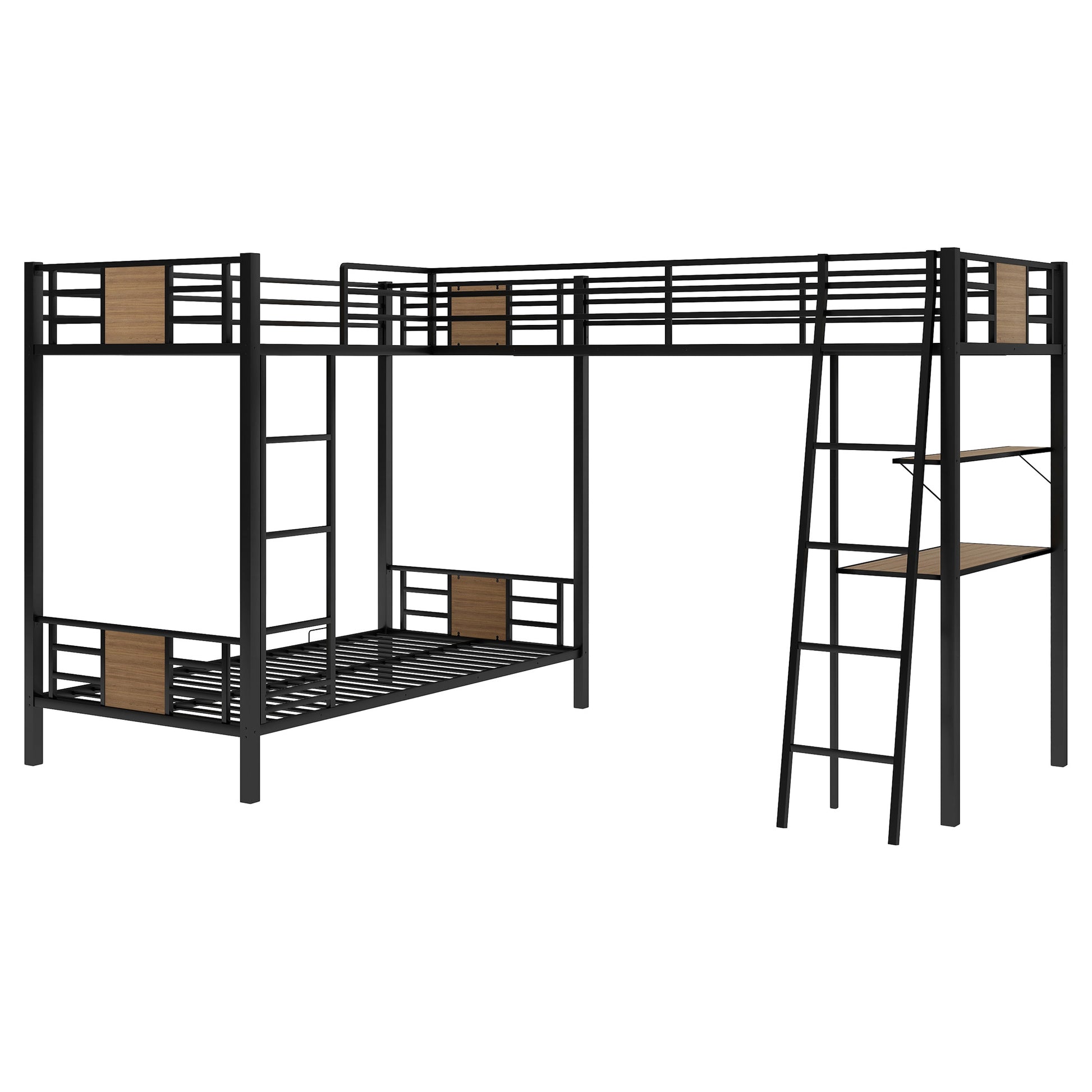Black metal Lshaped loft bed with integrated desk and ladder
