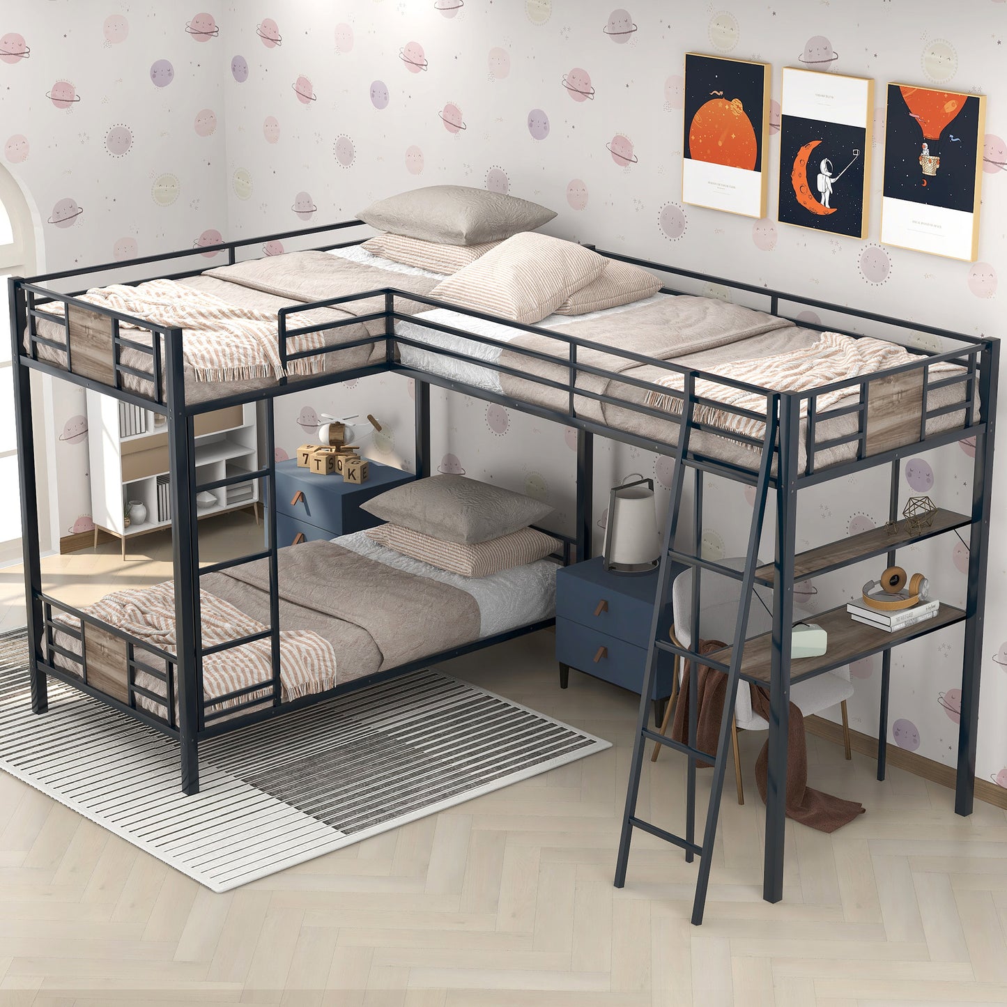 Black metal Lshaped bunk bed with navy blue drawers and wooden shelves