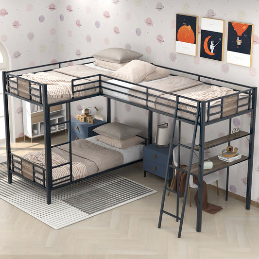 Black metal Lshaped bunk bed with navy blue drawers and wooden shelves