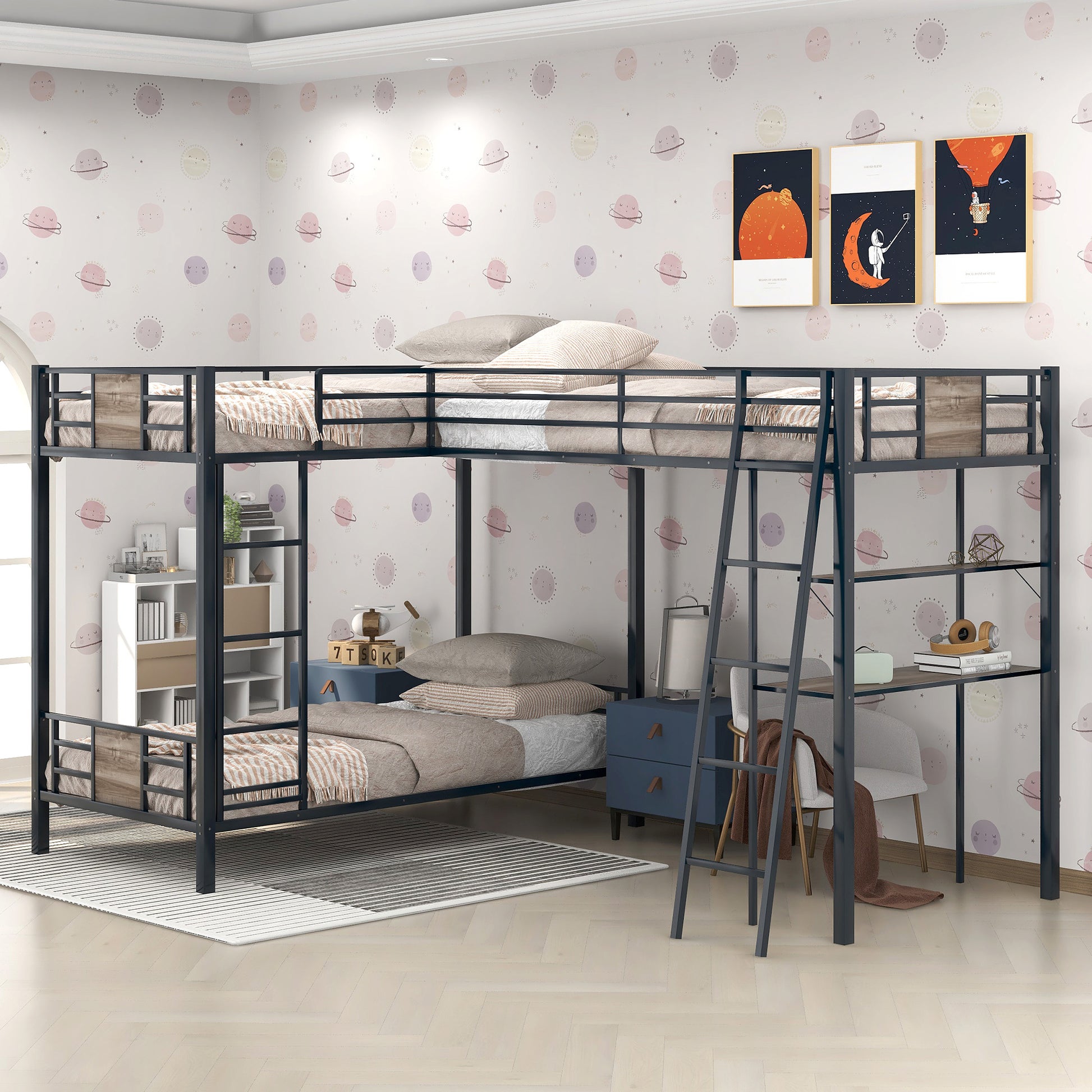 Black metal Lshaped bunk bed with integrated desk and ladder