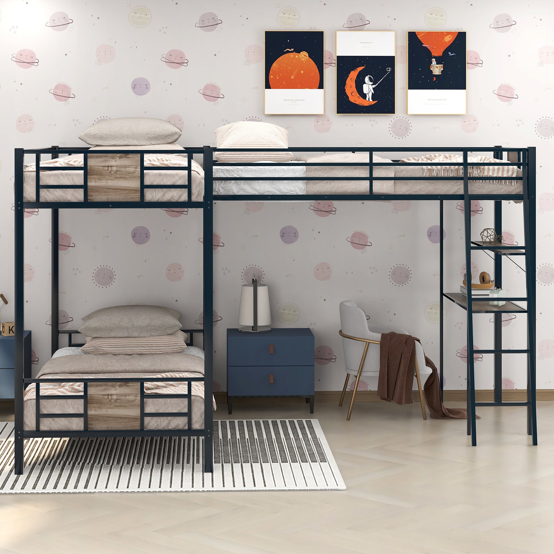 Black metal loft bed with desk and twin size bed