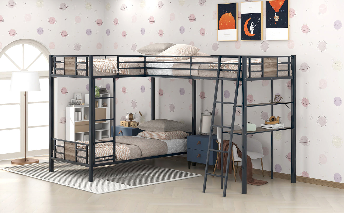 Black metal twin over twin bunk bed with ladder