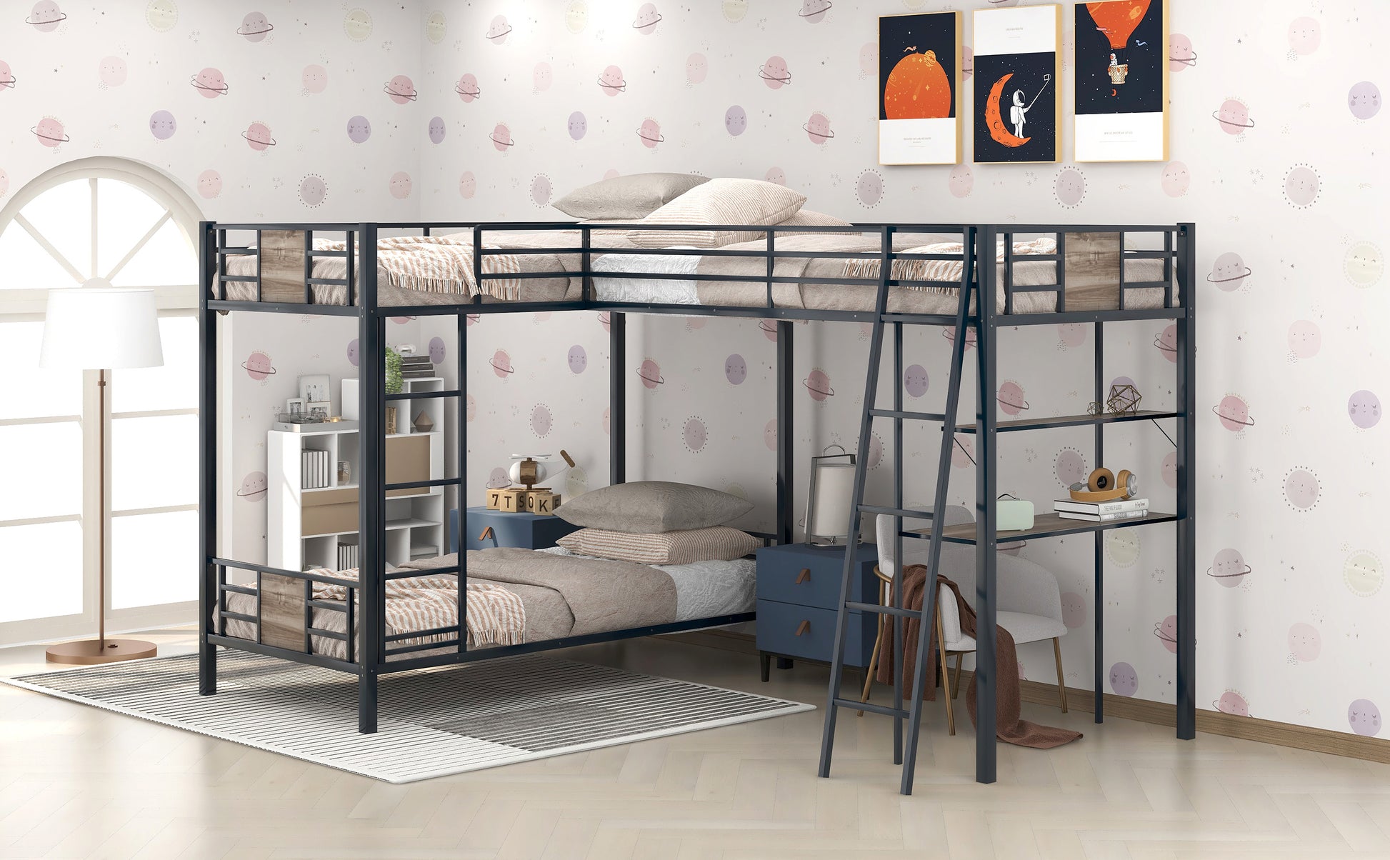 Black metal twin over twin bunk bed with ladder