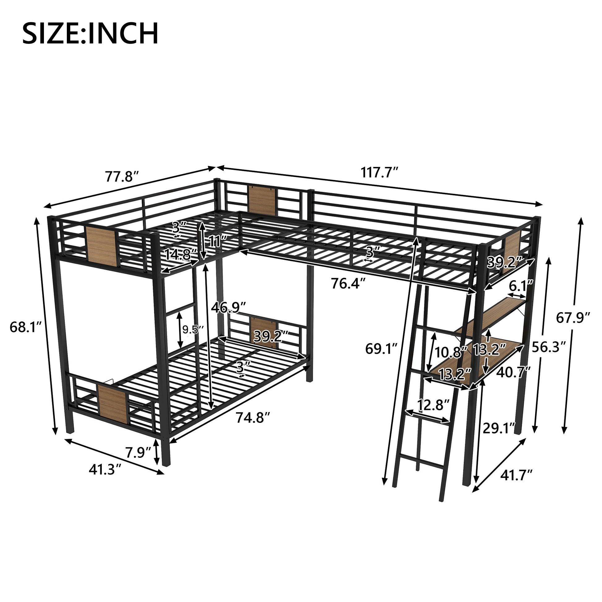 Black metal bunk bed with wood accents and dimensions indicated