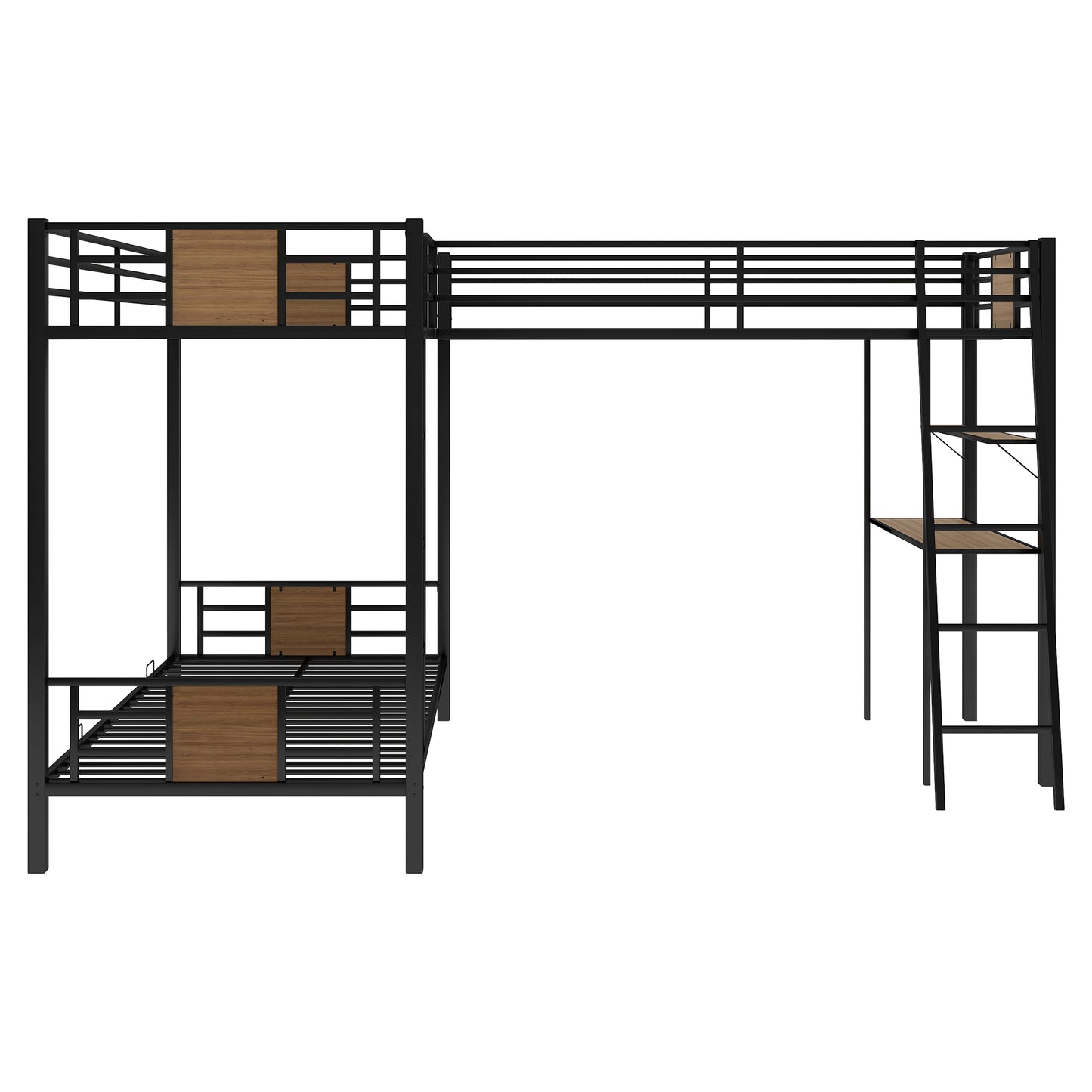 Black metal Lshaped bunk bed with integrated desk and wood accents