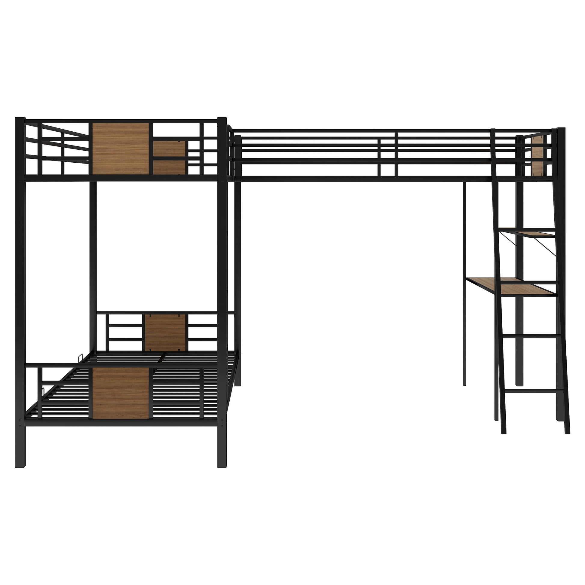 Black metal Lshaped bunk bed with integrated desk and wood accents