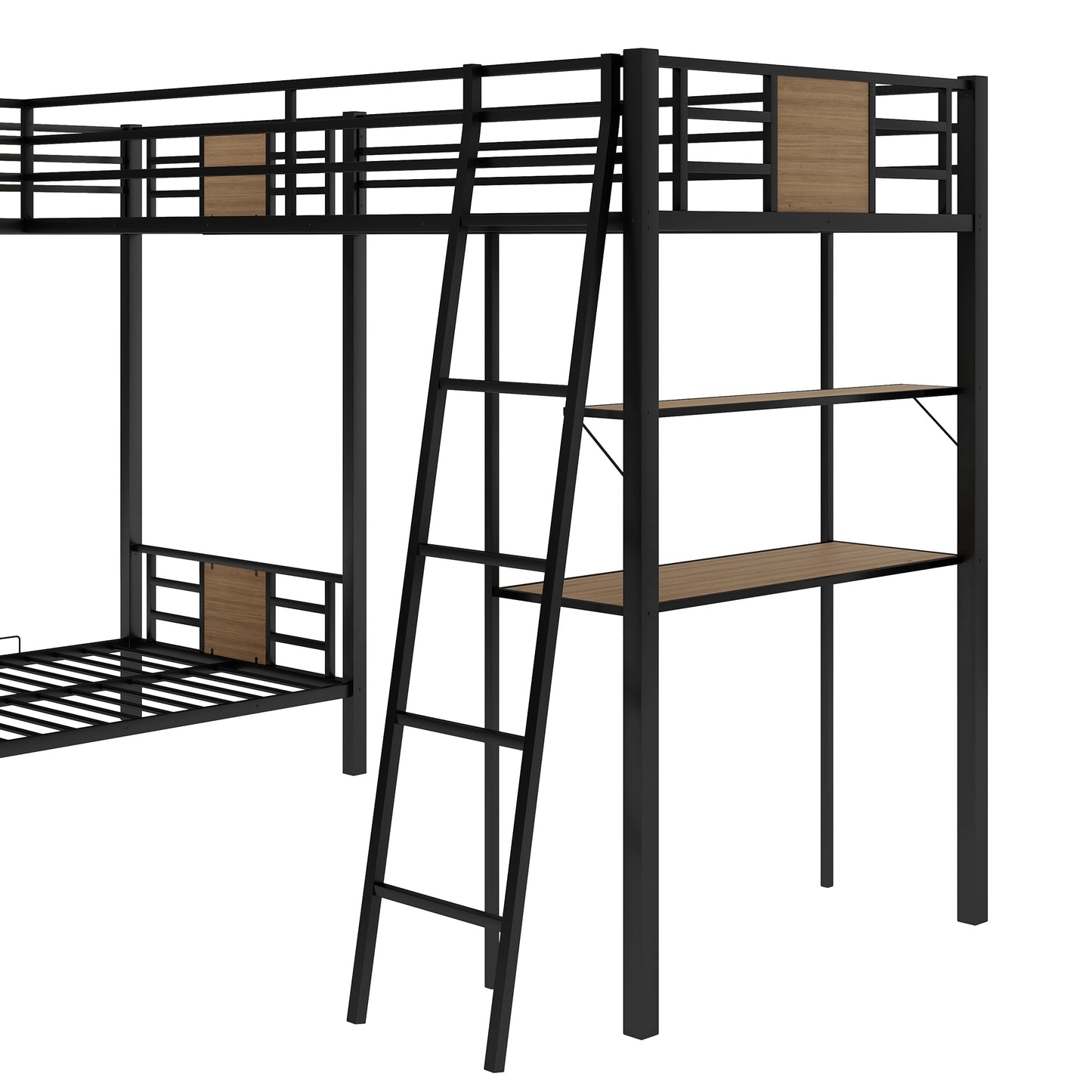 Black metal loft bed with ladder and integrated desks