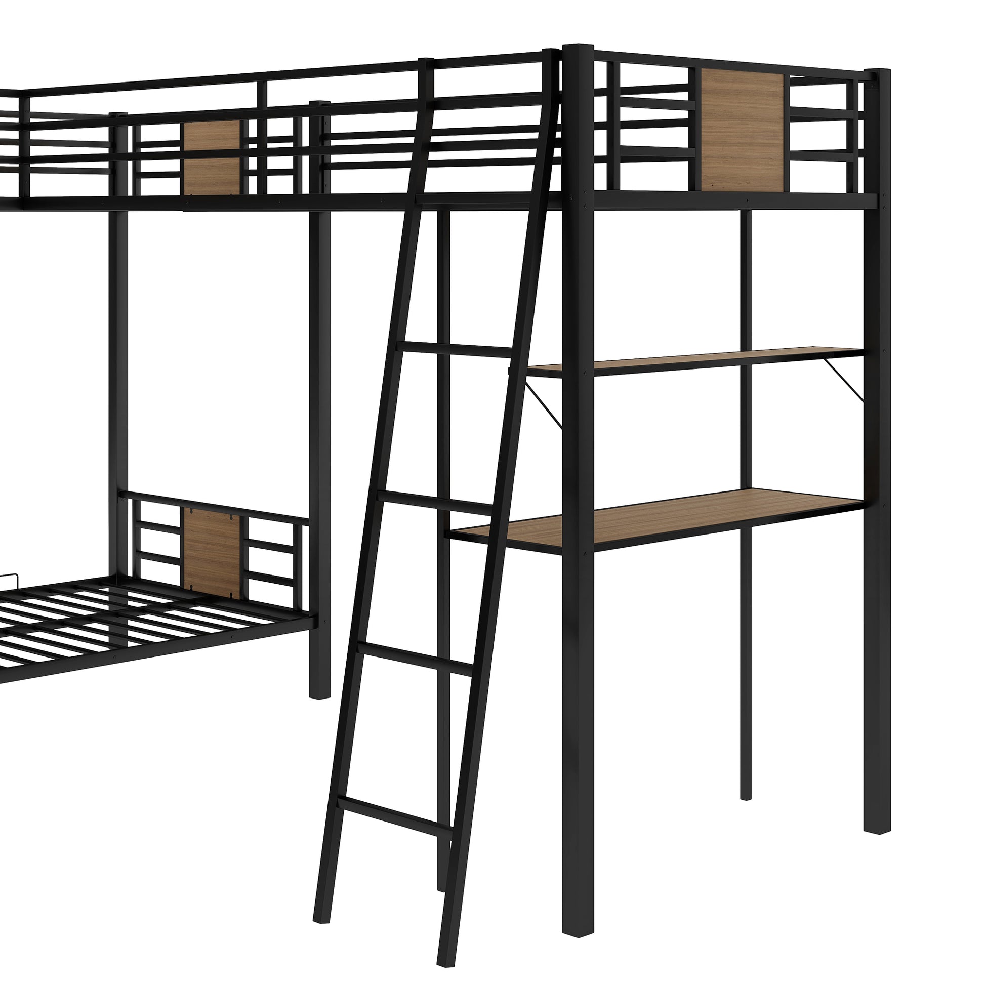 Black metal loft bed with ladder and integrated desks