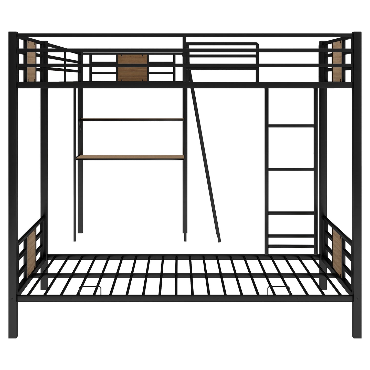 Black metal triple bunk bed with attached desk and ladders