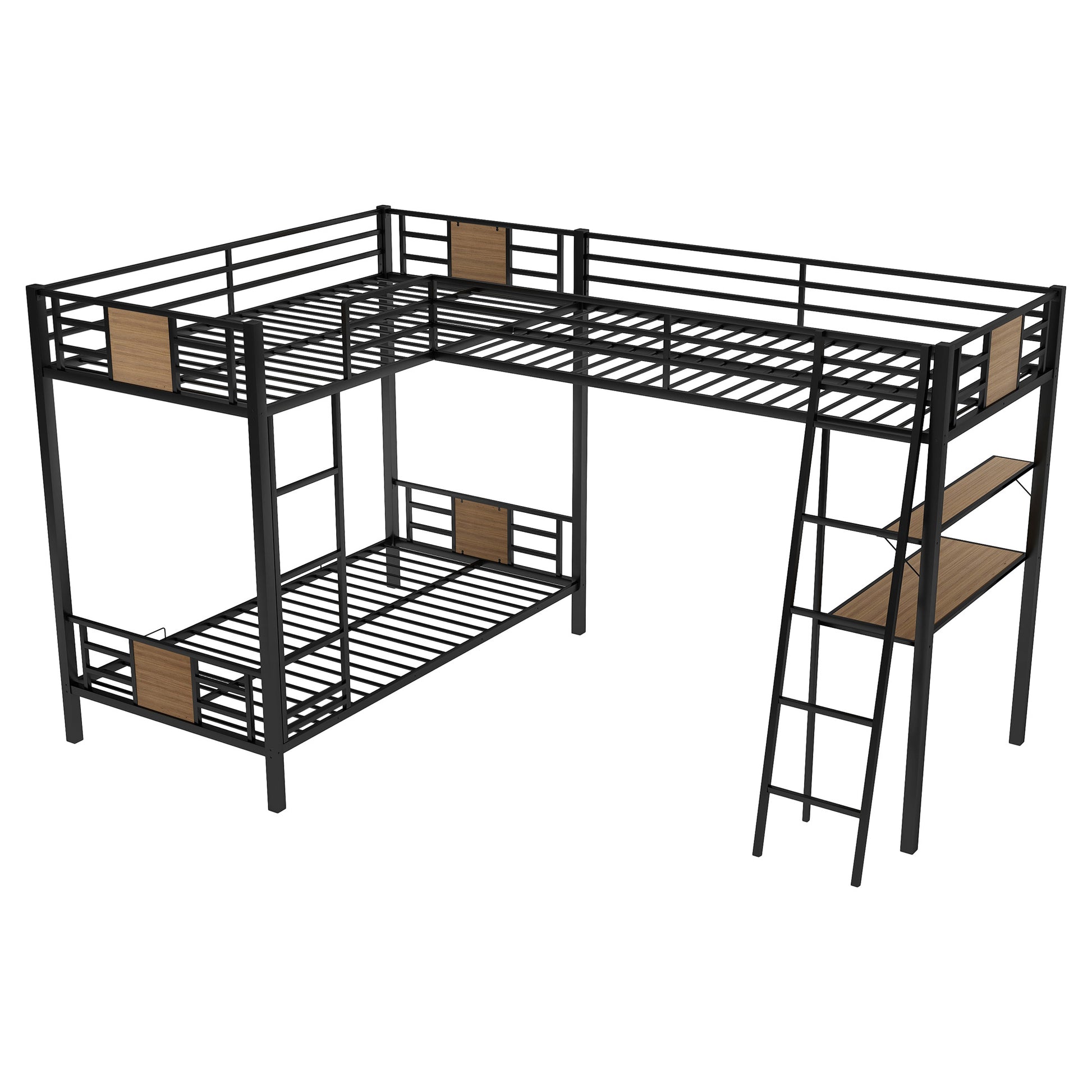 Black metal Lshaped bunk bed with wood accents and integrated ladder