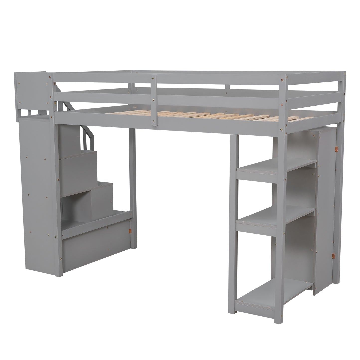 Gray loft bed with stairs and shelves