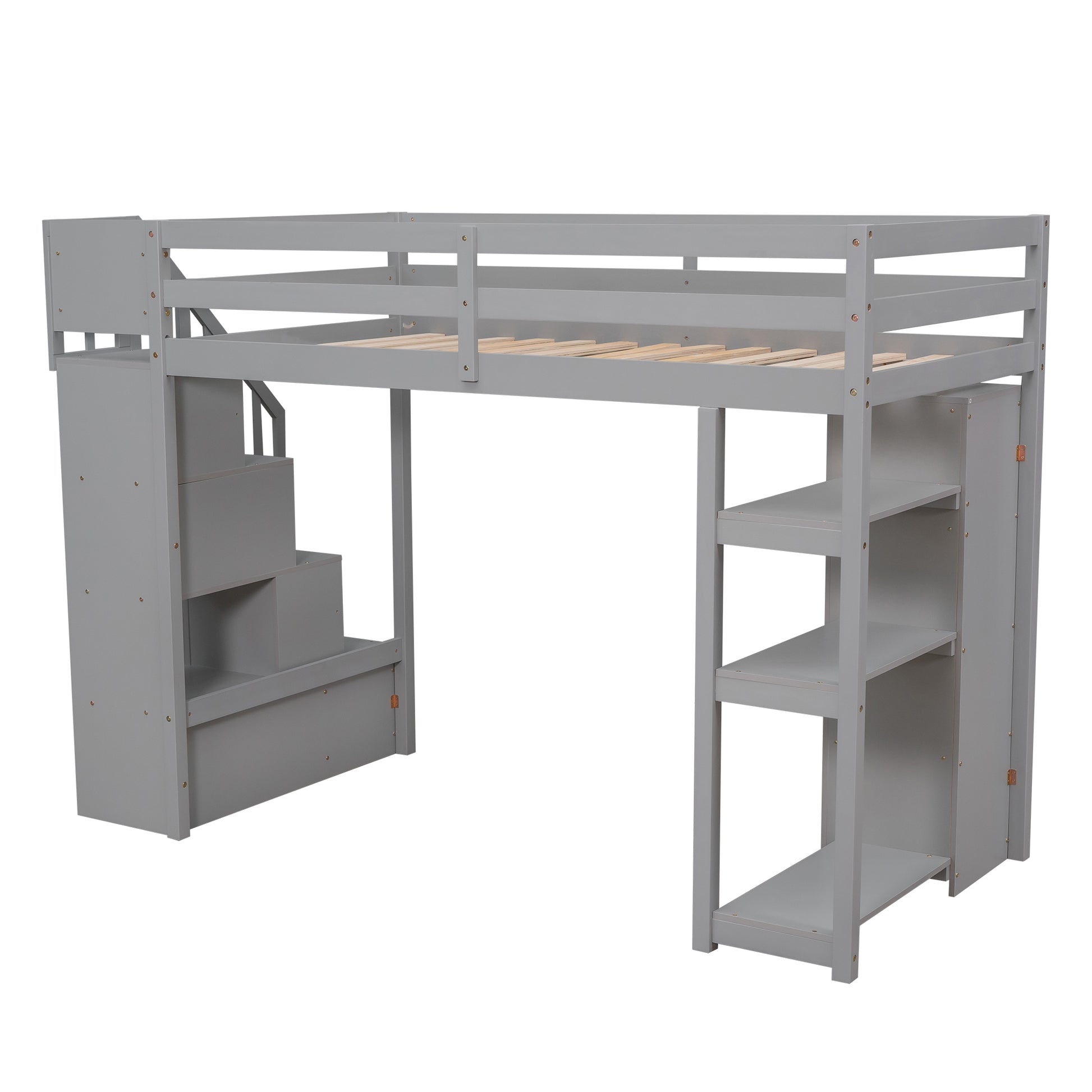 Gray loft bed with stairs and shelves
