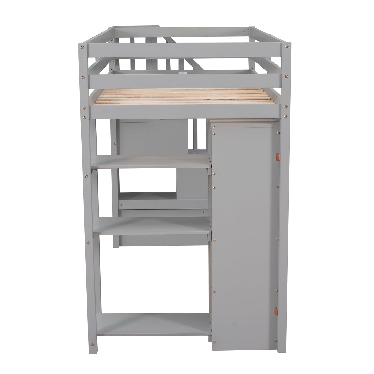 Gray wooden loft bed with integrated shelves and storage