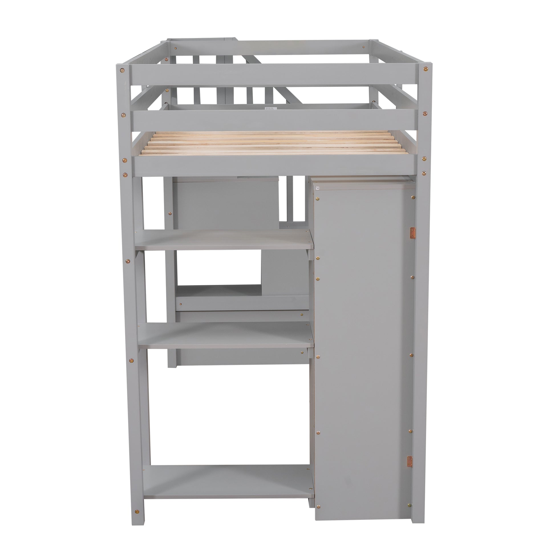 Gray wooden loft bed with integrated shelves and storage