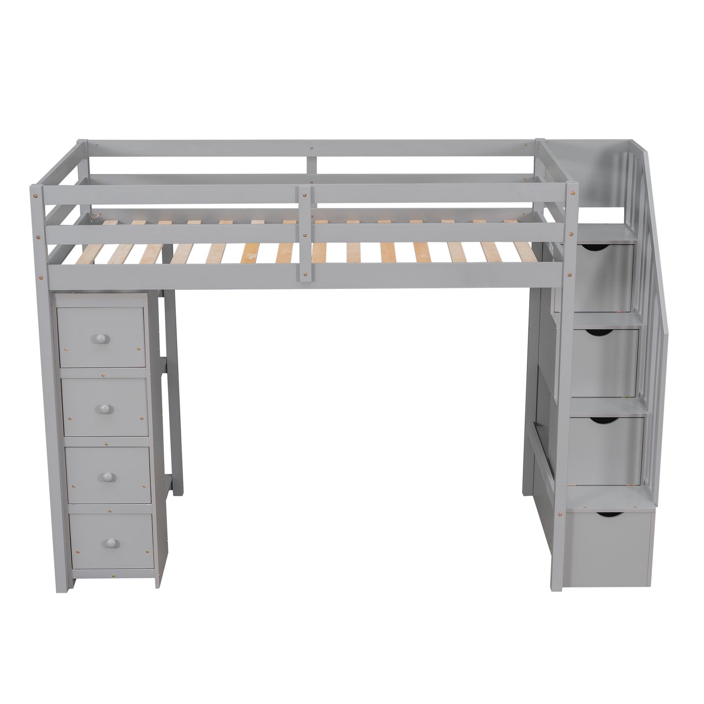 Gray wooden loft bed with drawers and steps