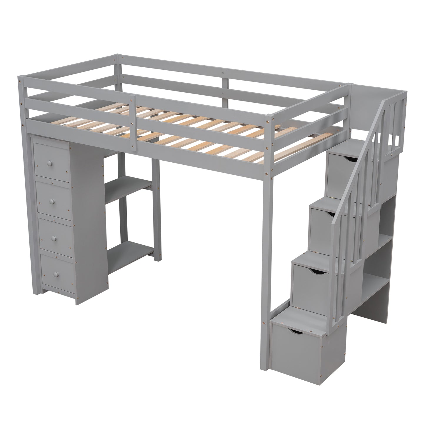 Gray wooden loft bed with stairs and storage drawers