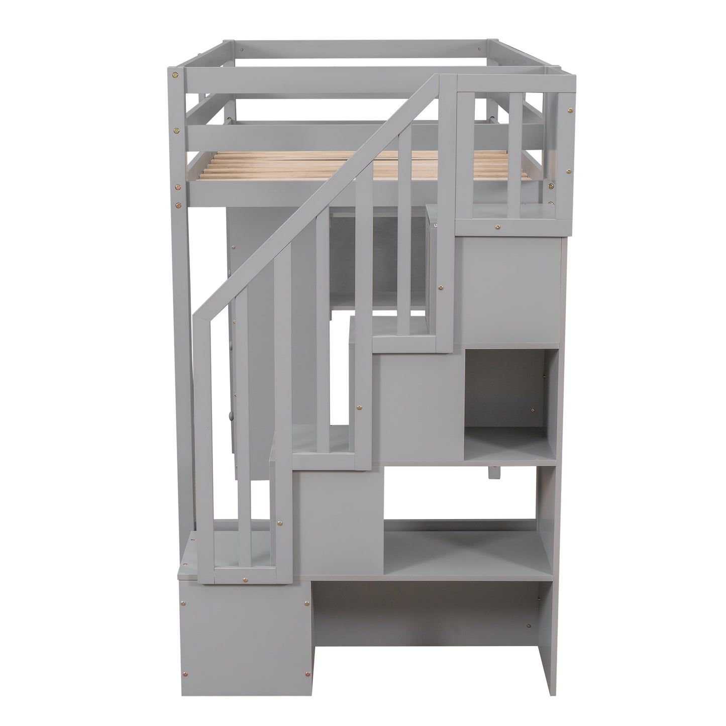Gray wooden loft bed with integrated stairs and storage