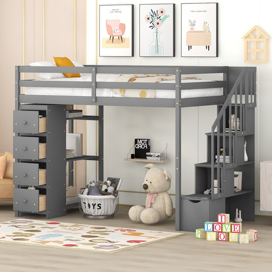 Gray loft bed with stairs and storage for kids room