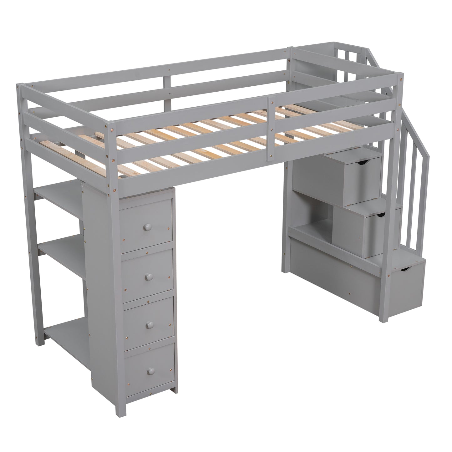Gray wooden loft bed with drawers and shelves