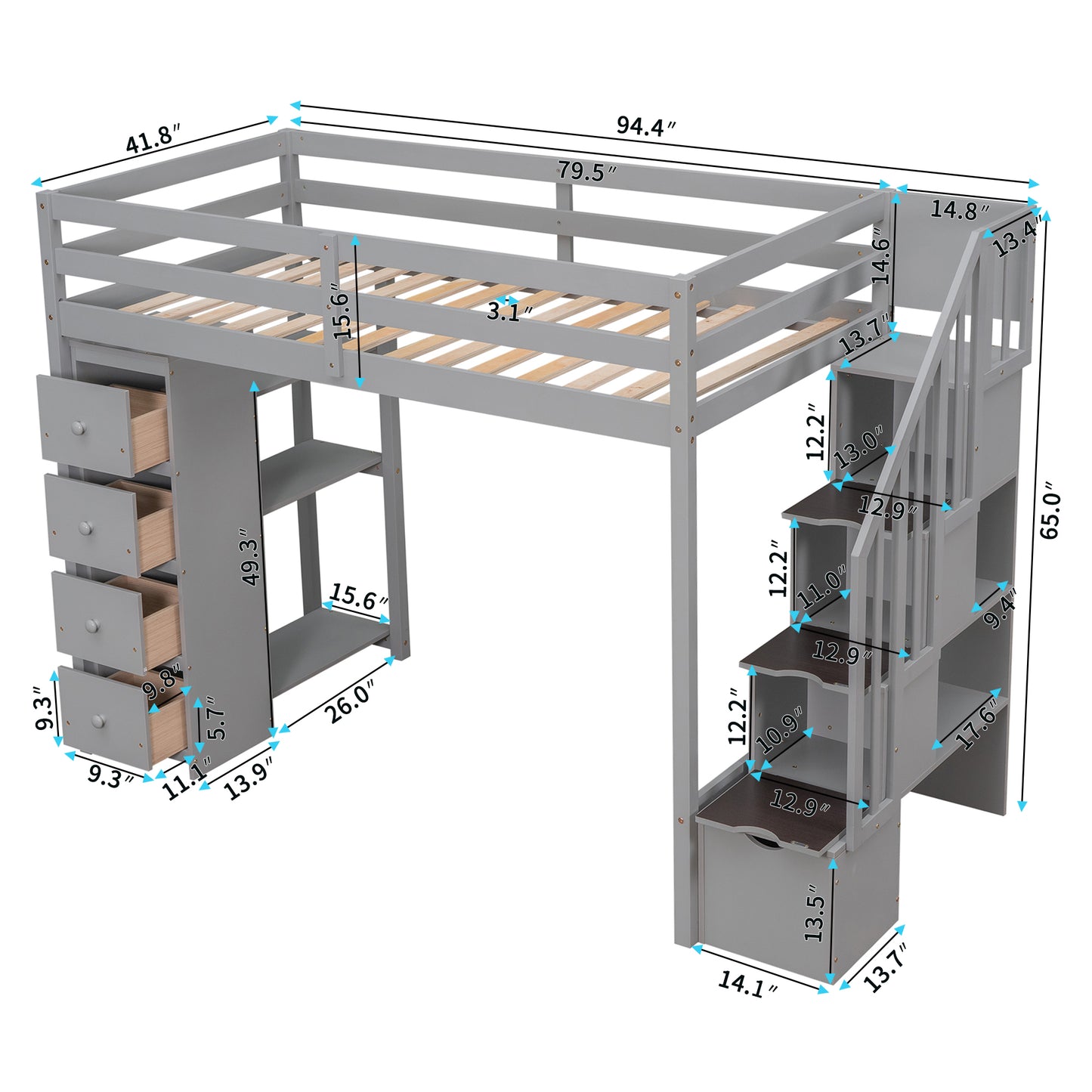Gray loft bed with drawers and stairs