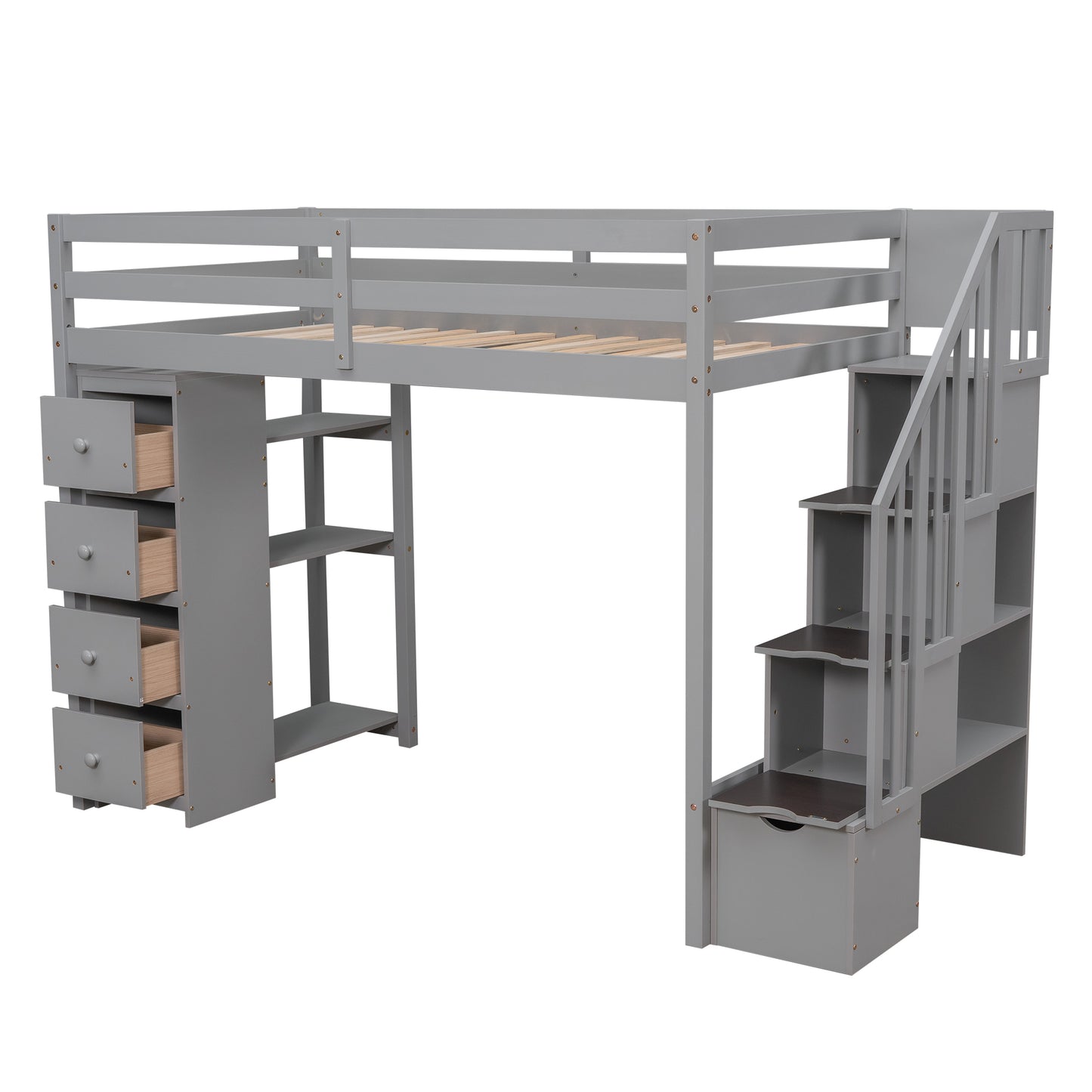 Gray twin loft bed with drawers and shelves for kids room storage