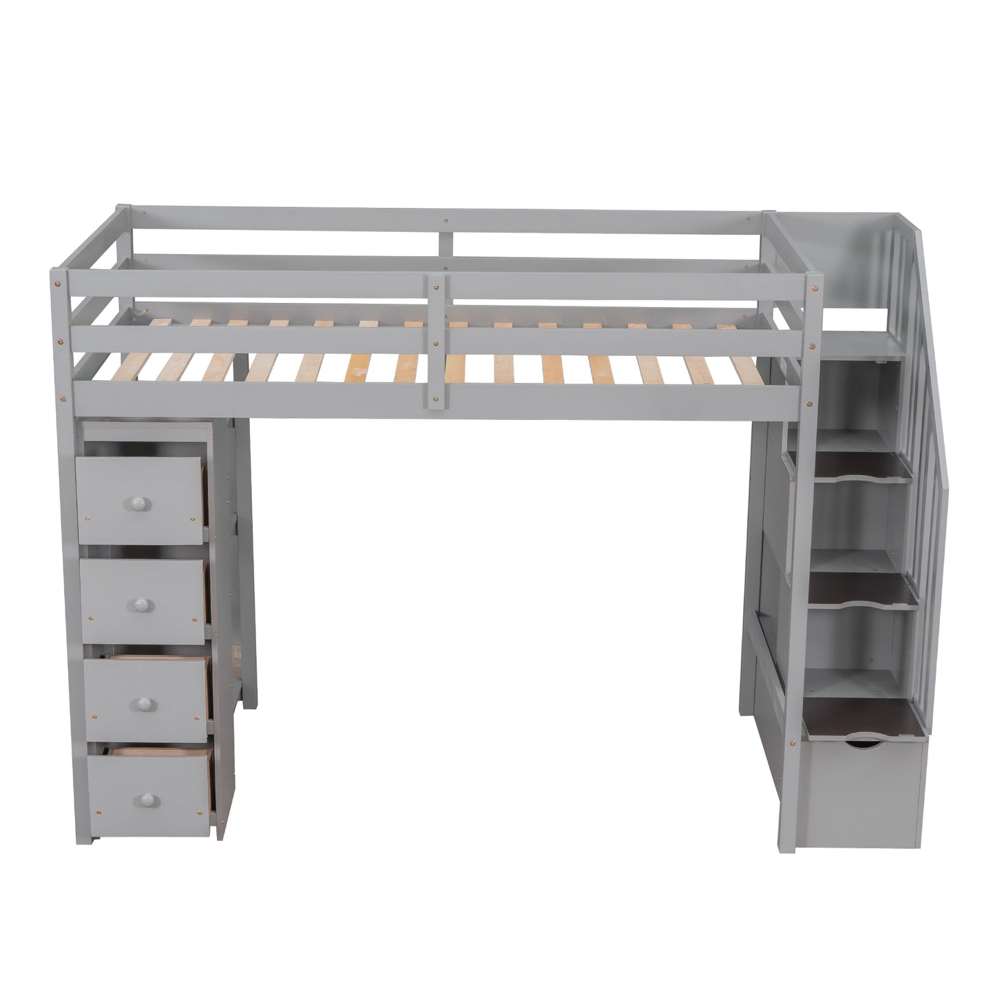 Gray wooden loft bed with drawers and stairs