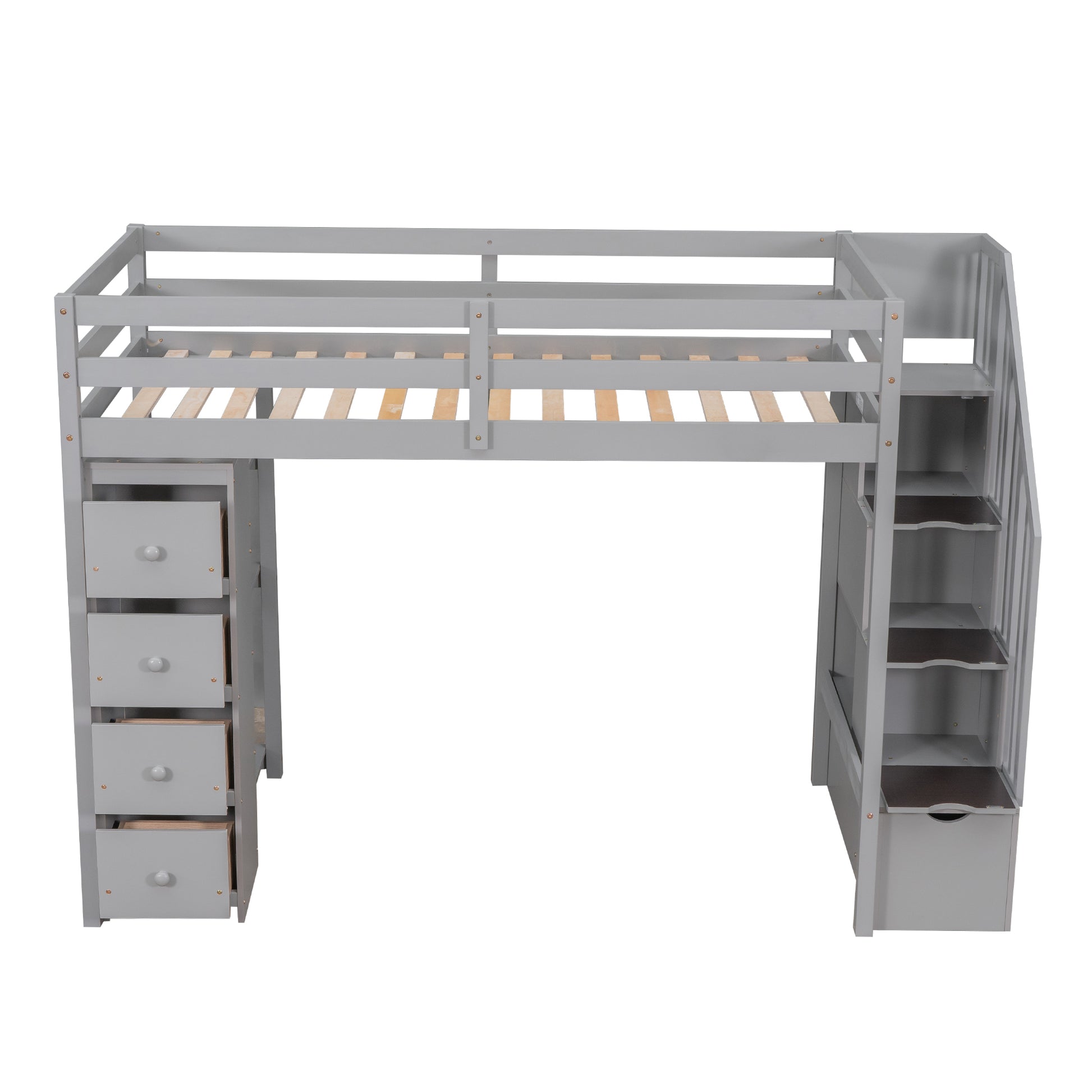 Gray wooden loft bed with drawers and stairs