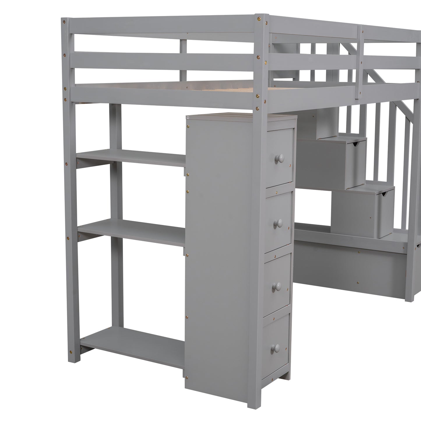 Gray wooden loft bed with stairs and shelves