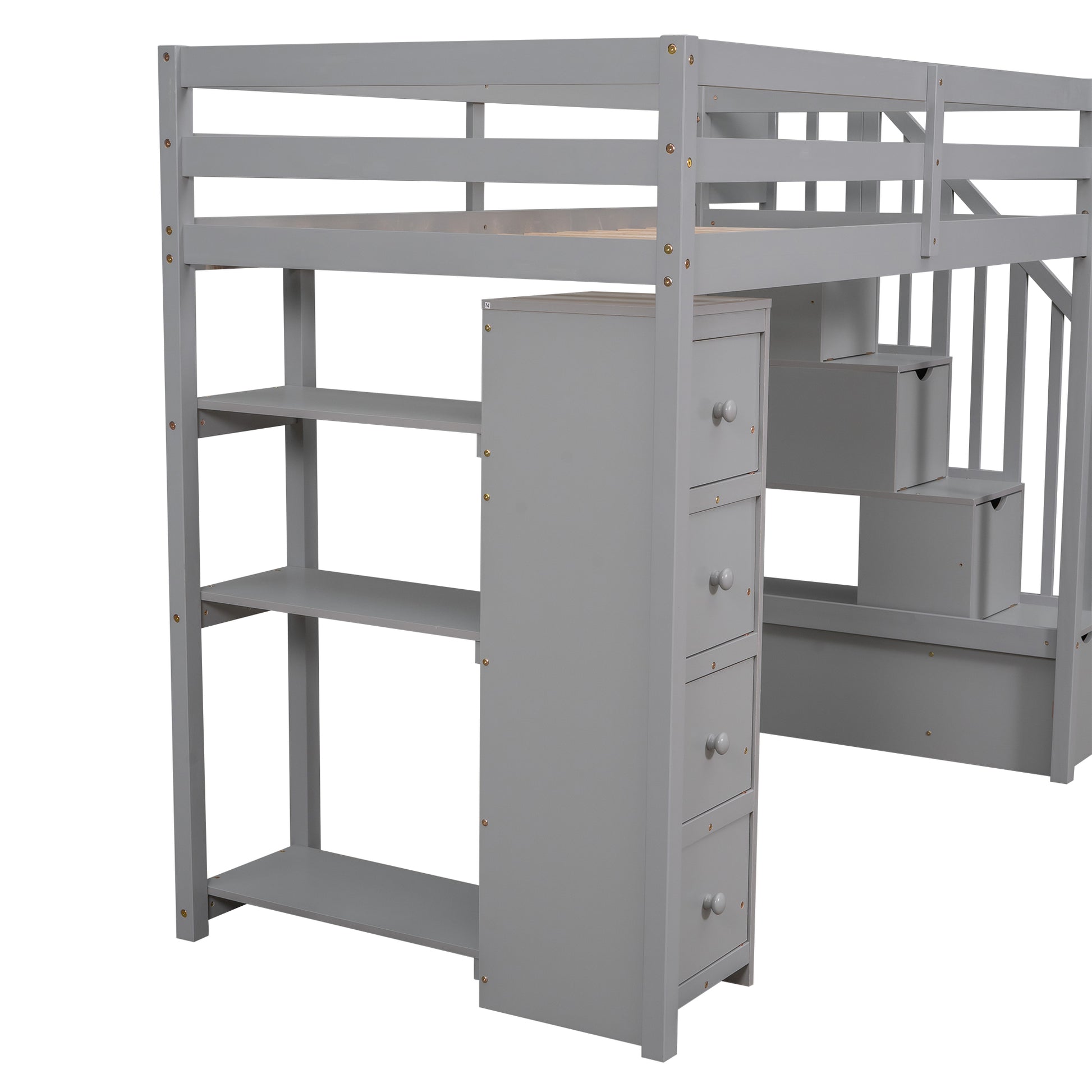 Gray wooden loft bed with stairs and shelves