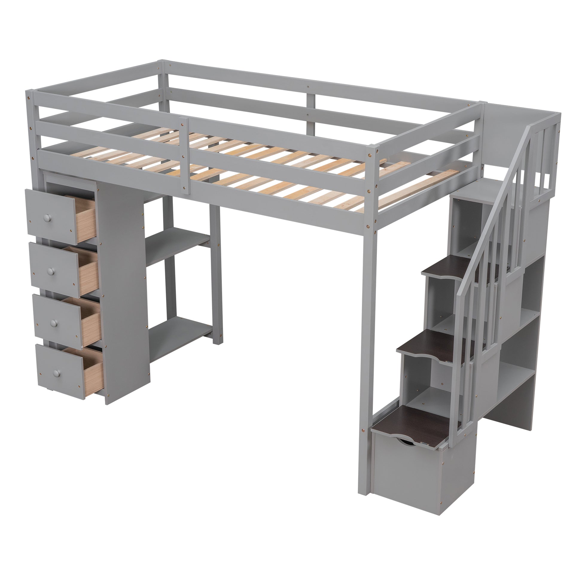 Grey loft bed with drawers and stairs