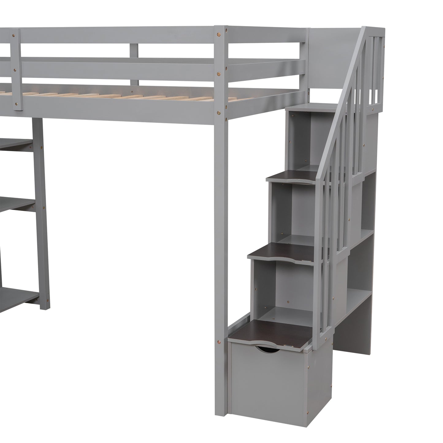 Gray wooden loft bed with integrated stairs and storage shelves