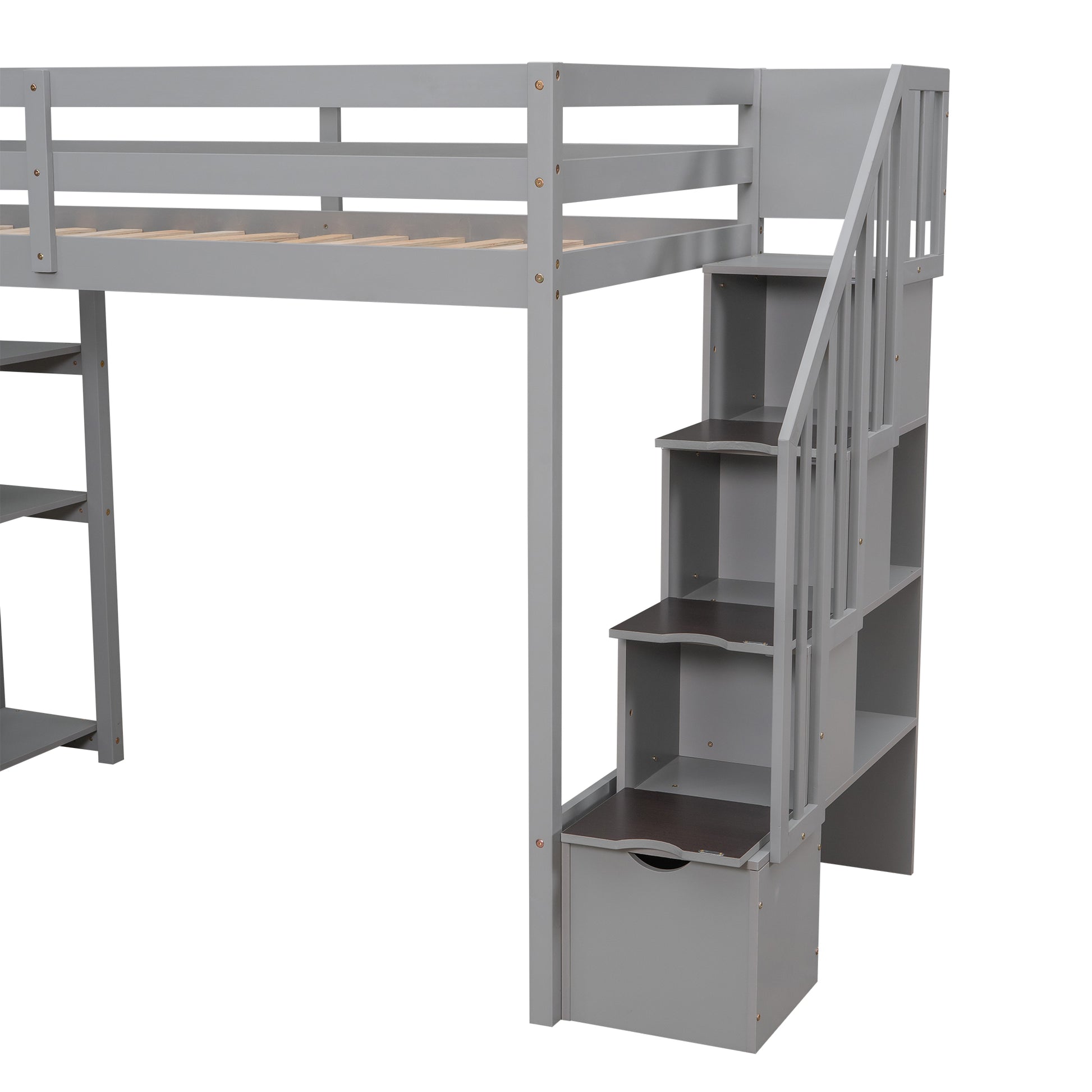 Gray wooden loft bed with integrated stairs and storage shelves